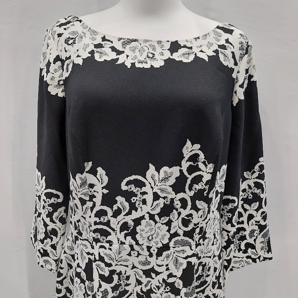 Adrianna Papell Sheath Dress Women's 12 Black White Floral Lace Print Cocktail - Picture 5 of 9
